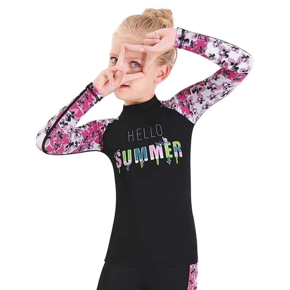 2 pcs Shirt & Shorts set Black & Pink Floral Sleeve Print Swimwear for Kids with UP50