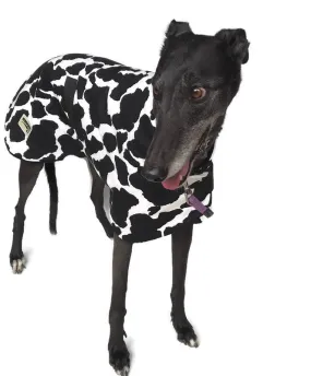 Autumn Greyhound ‘black cowprint’ coat in cotton drill  & polar fleece washable