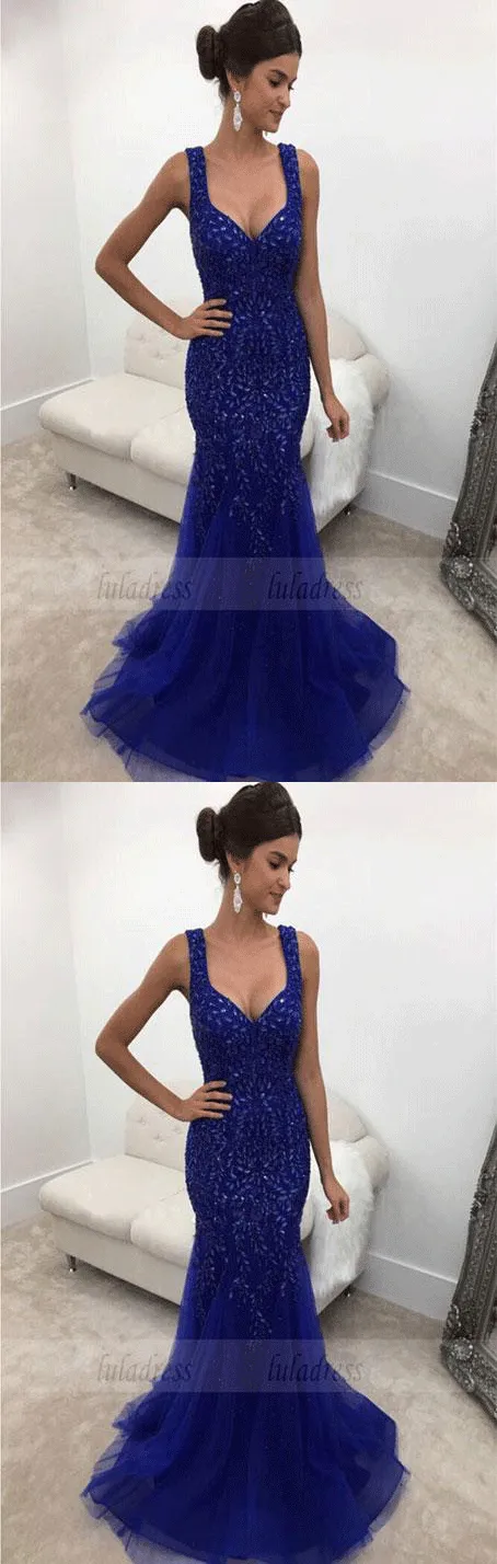 Backless Long Crystal Beaded Mermaid Prom Dresses