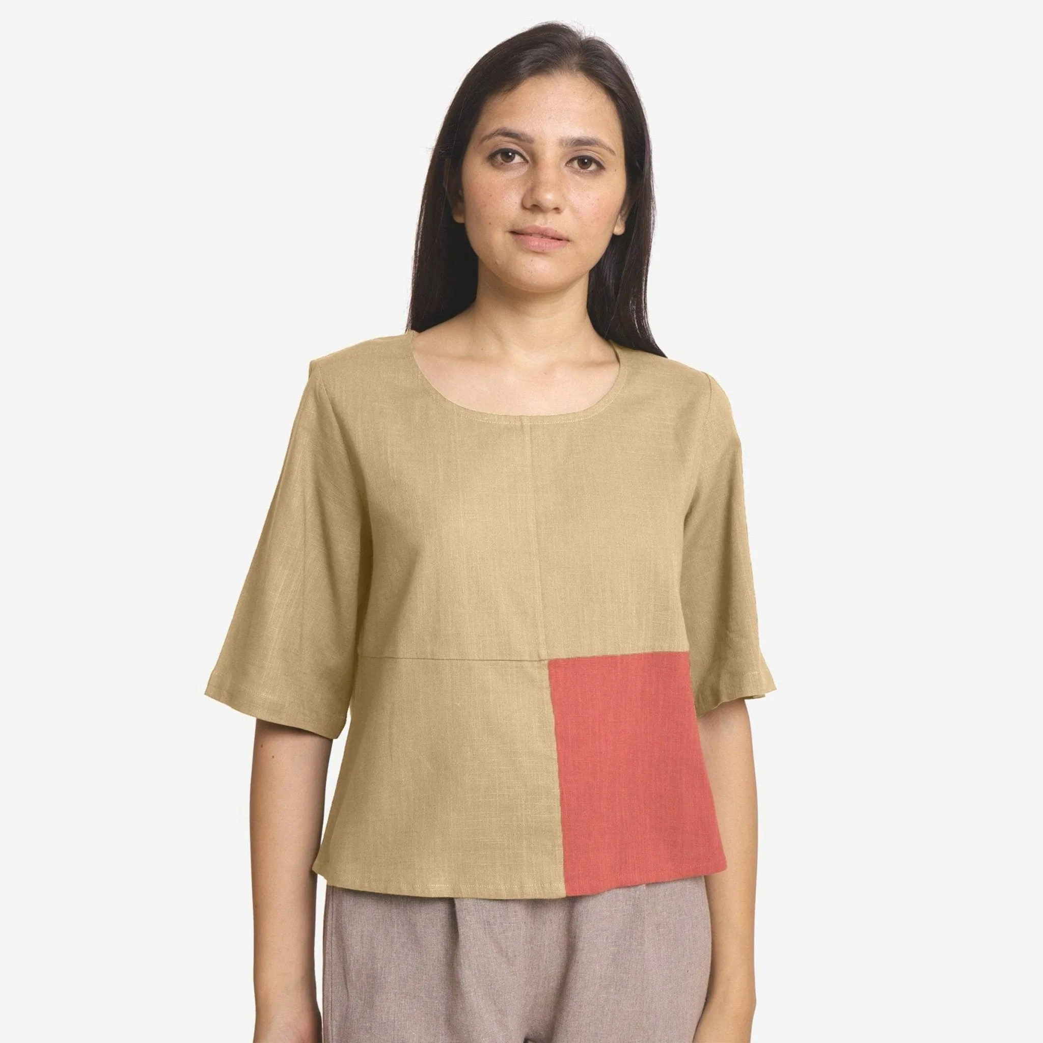 Beige and Brick Red 100% Cotton Round Neck Paneled Top