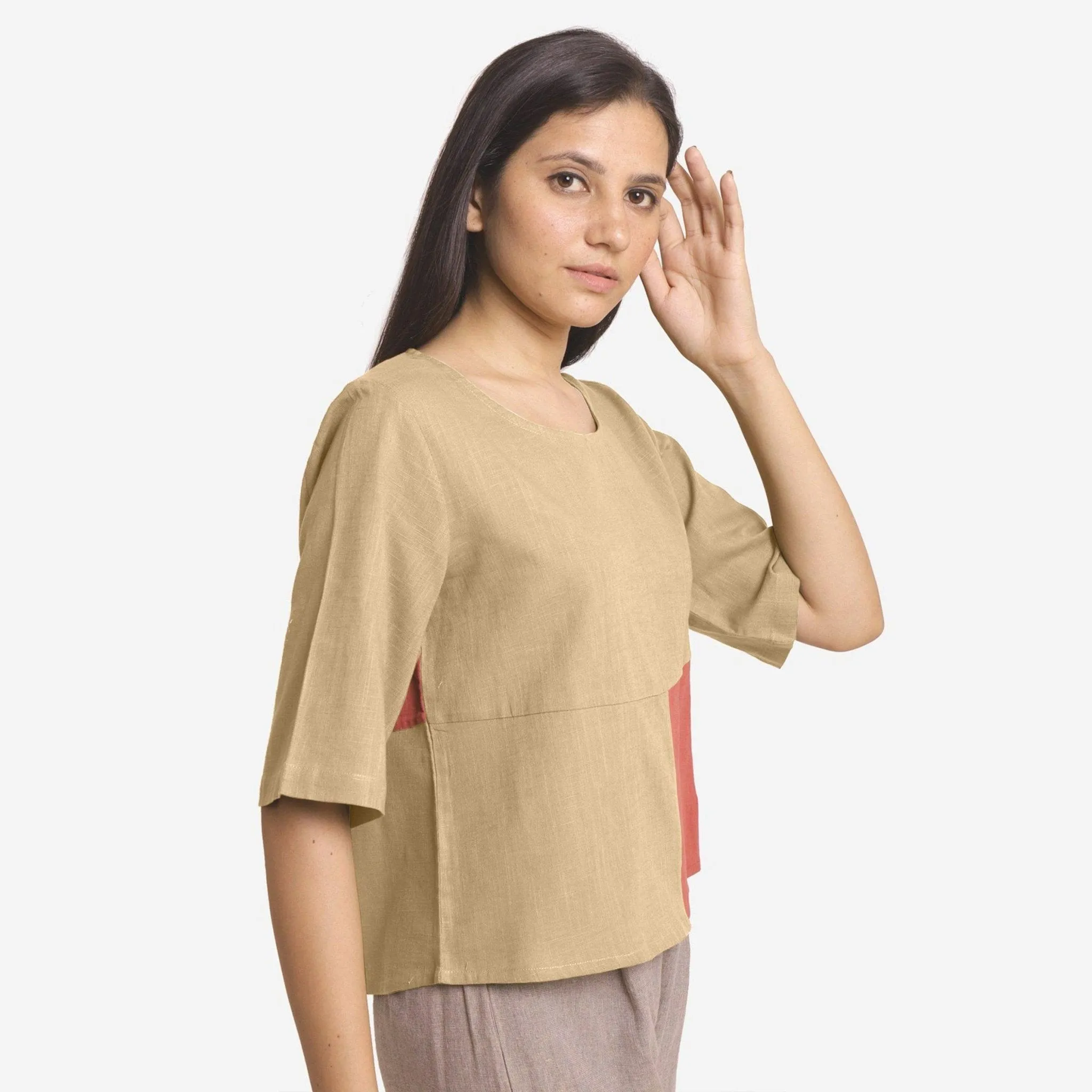 Beige and Brick Red 100% Cotton Round Neck Paneled Top