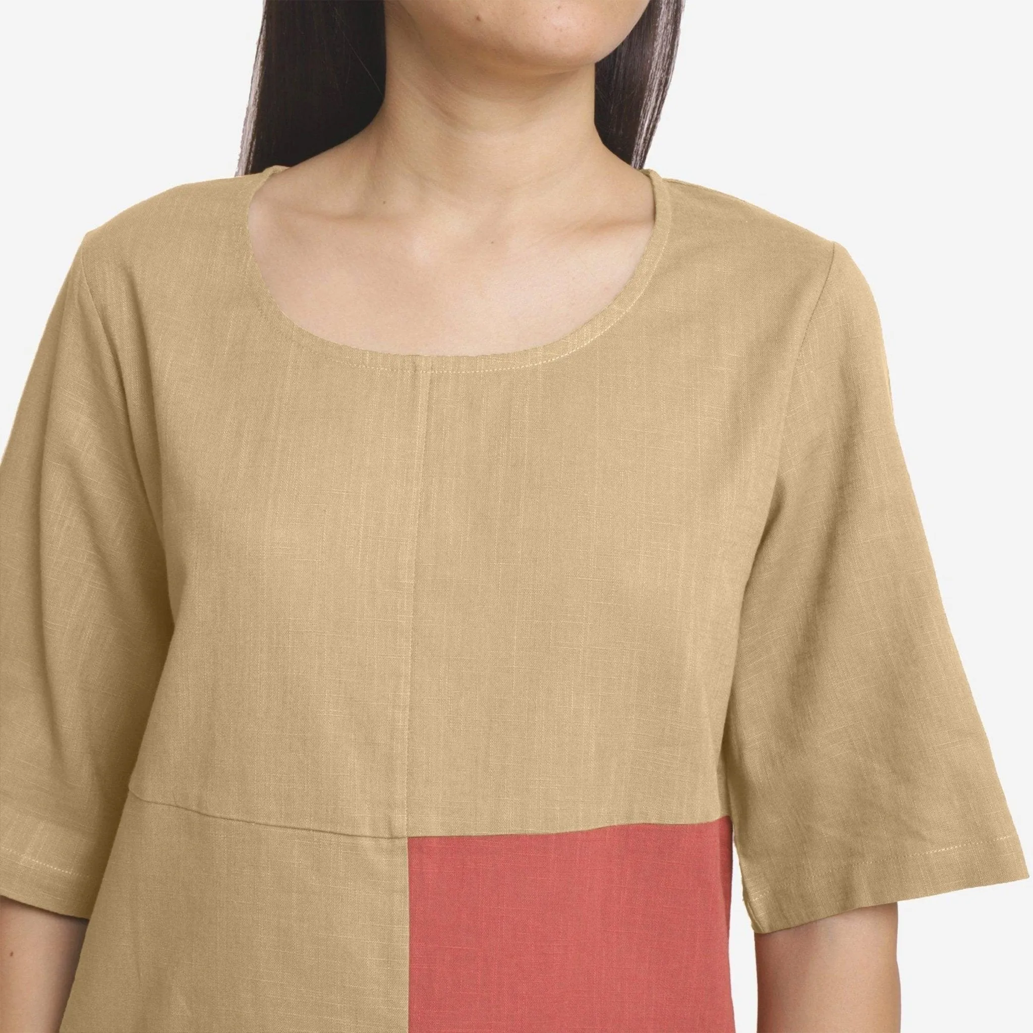 Beige and Brick Red 100% Cotton Round Neck Paneled Top