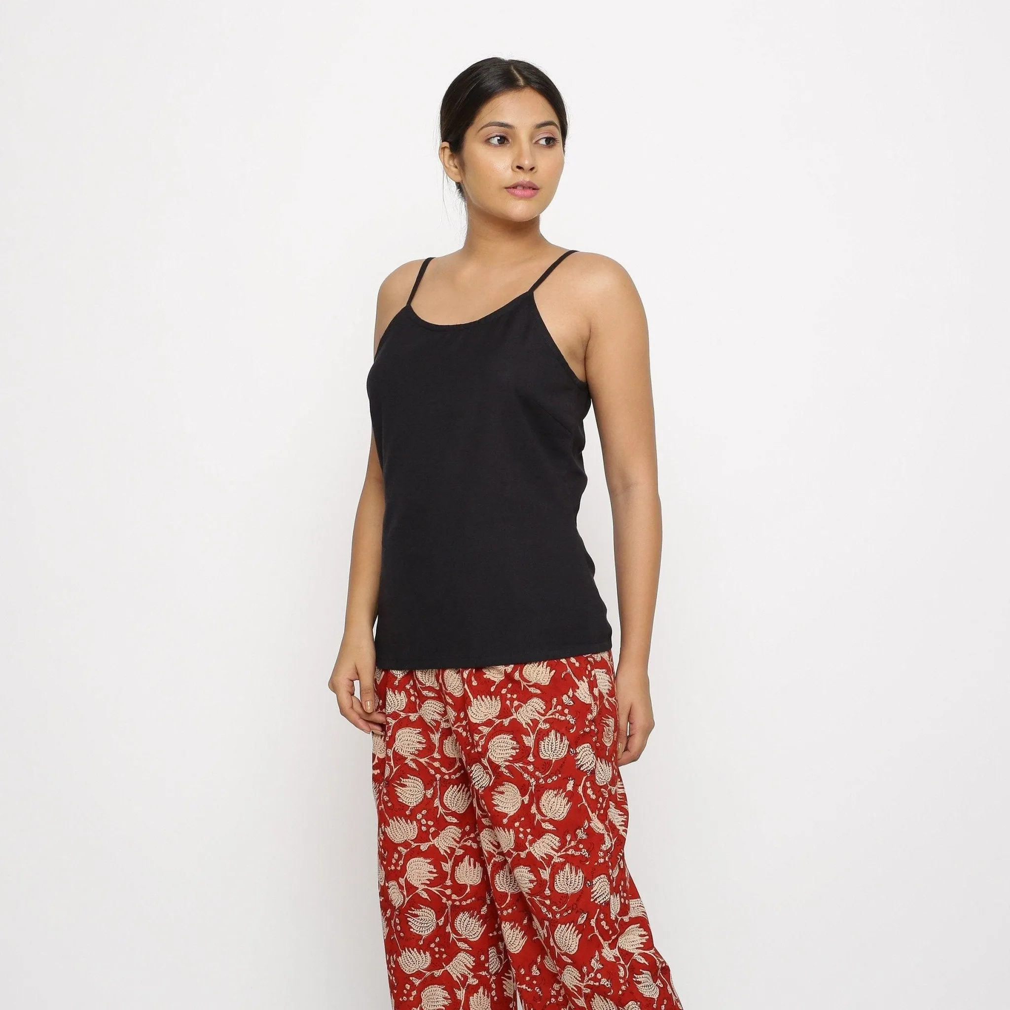 Black Cotton Flax Relaxed Fit Spaghetti Top