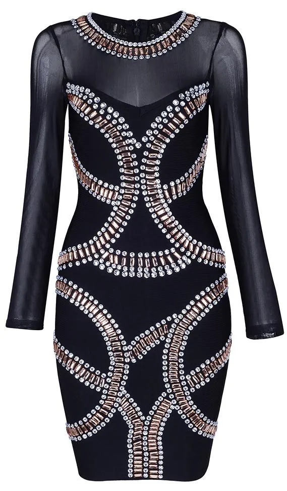 Black Crystal/Bead-Embellished Sheer-Paneled Mini Dress