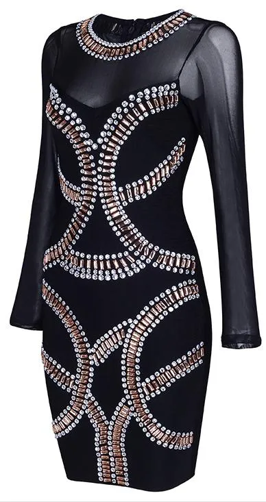 Black Crystal/Bead-Embellished Sheer-Paneled Mini Dress