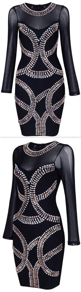 Black Crystal/Bead-Embellished Sheer-Paneled Mini Dress