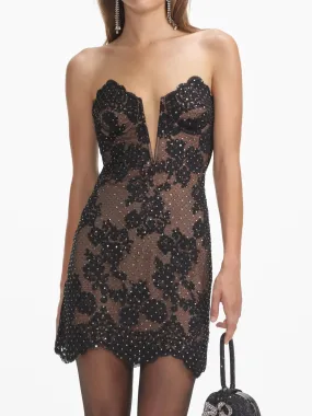 Black Lace Crystal-Embellished Lined Mini Dress