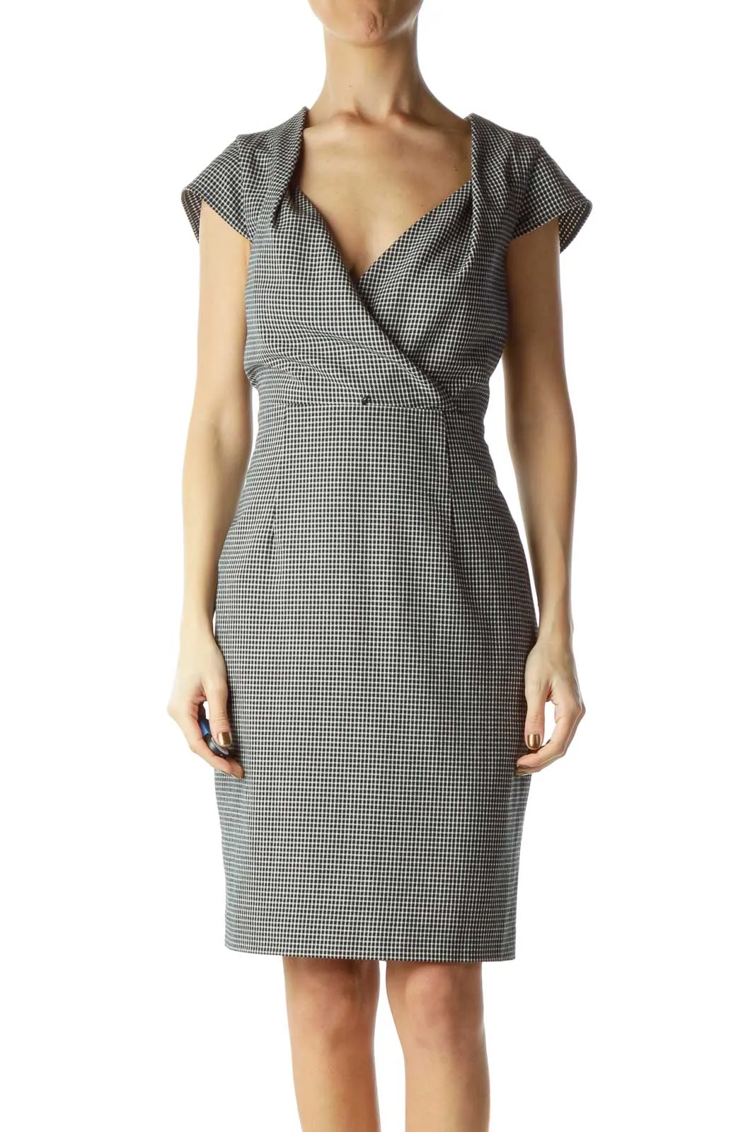 Black White Wrap Houndstooth Work Dress