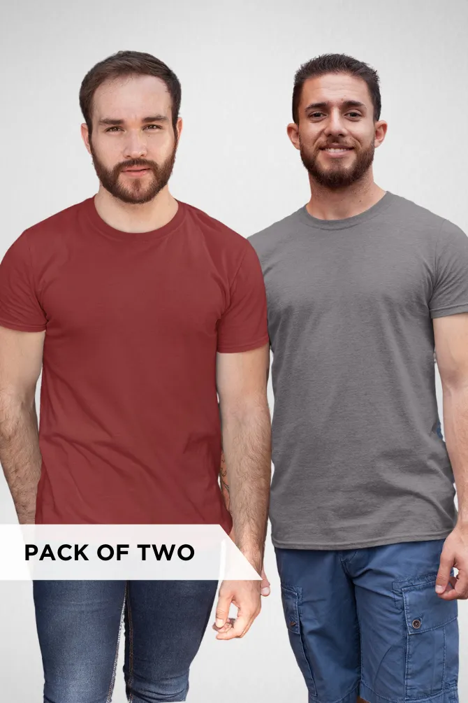 Brick Red and Charcoal Melange Plain T-shirts Combo for Men