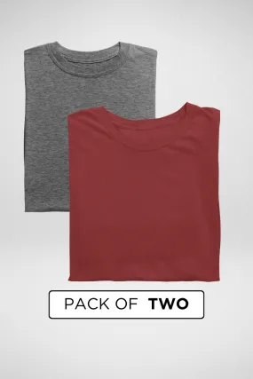 Brick Red and Charcoal Melange Plain T-shirts Combo for Men