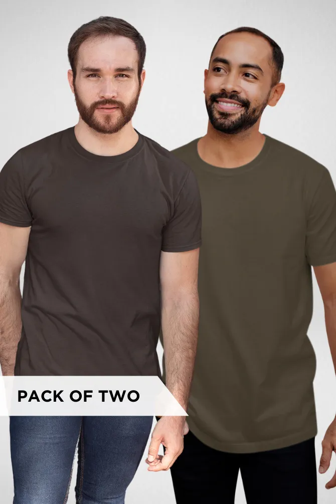 Coffee Brown and Olive Green Plain T-shirts Combo for Men