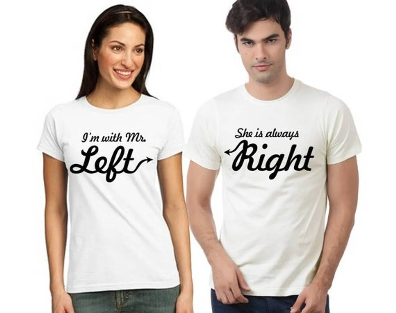 Couple White Cotton Printed Round Neck Tees (Pack of 2)