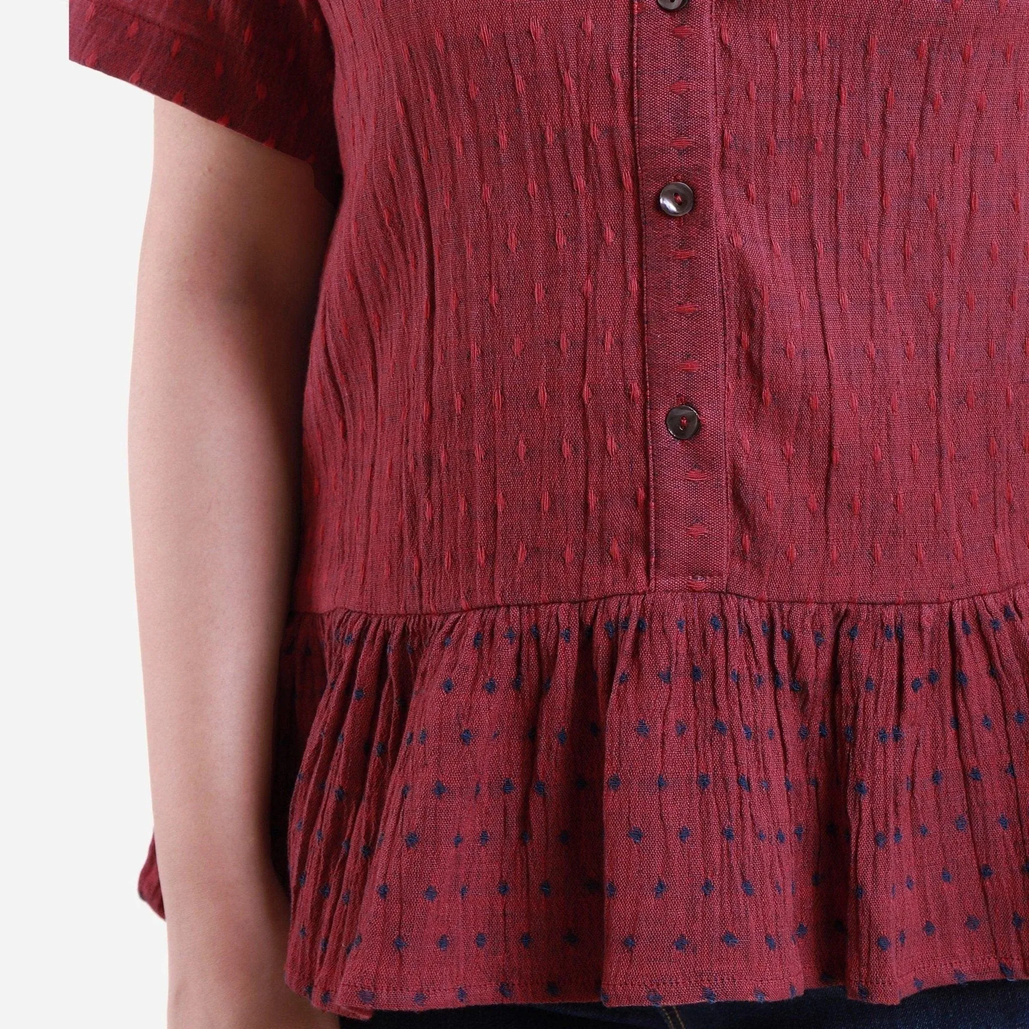 Crimson Crinkled Cotton Polka Dot Peplum Top