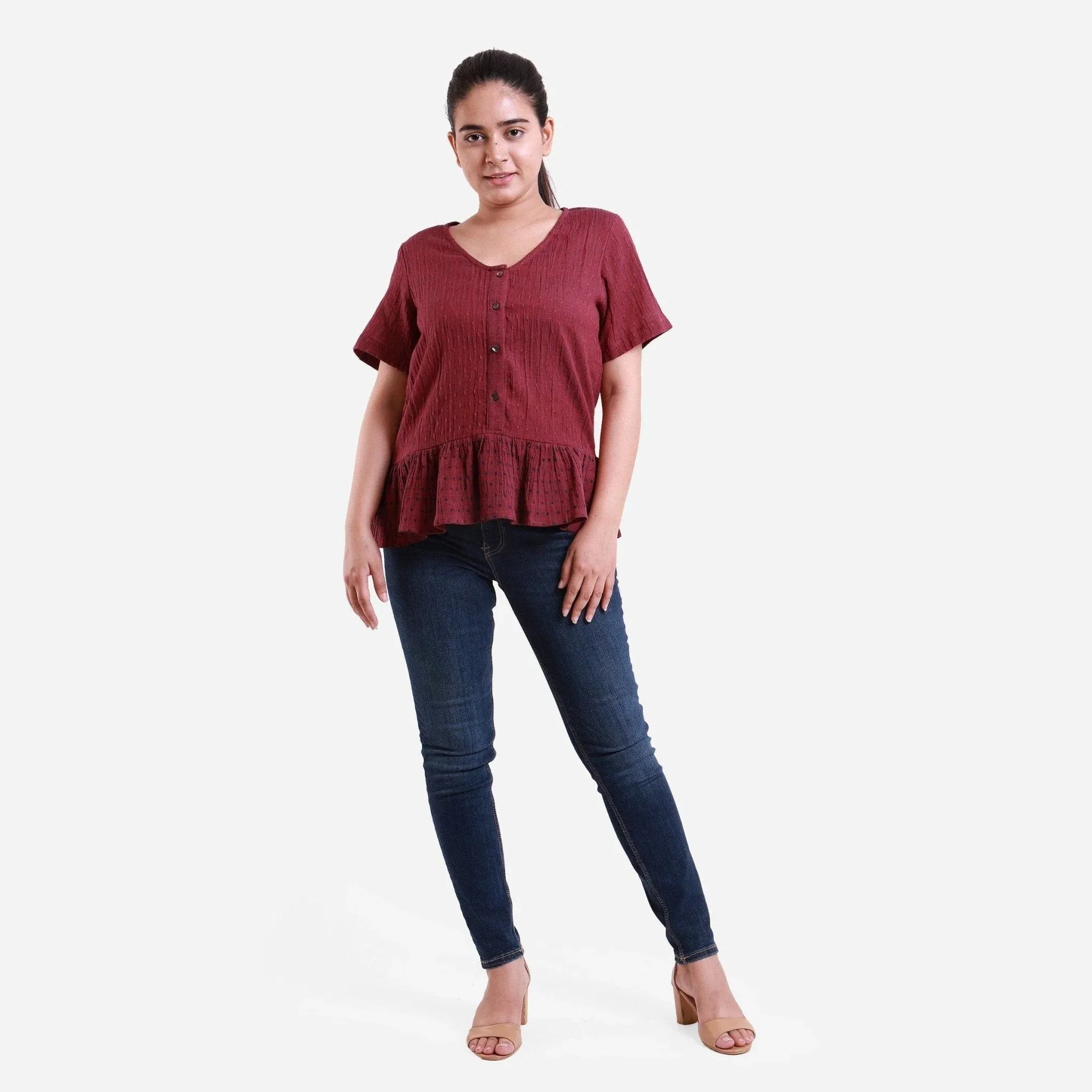 Crimson Crinkled Cotton Polka Dot Peplum Top