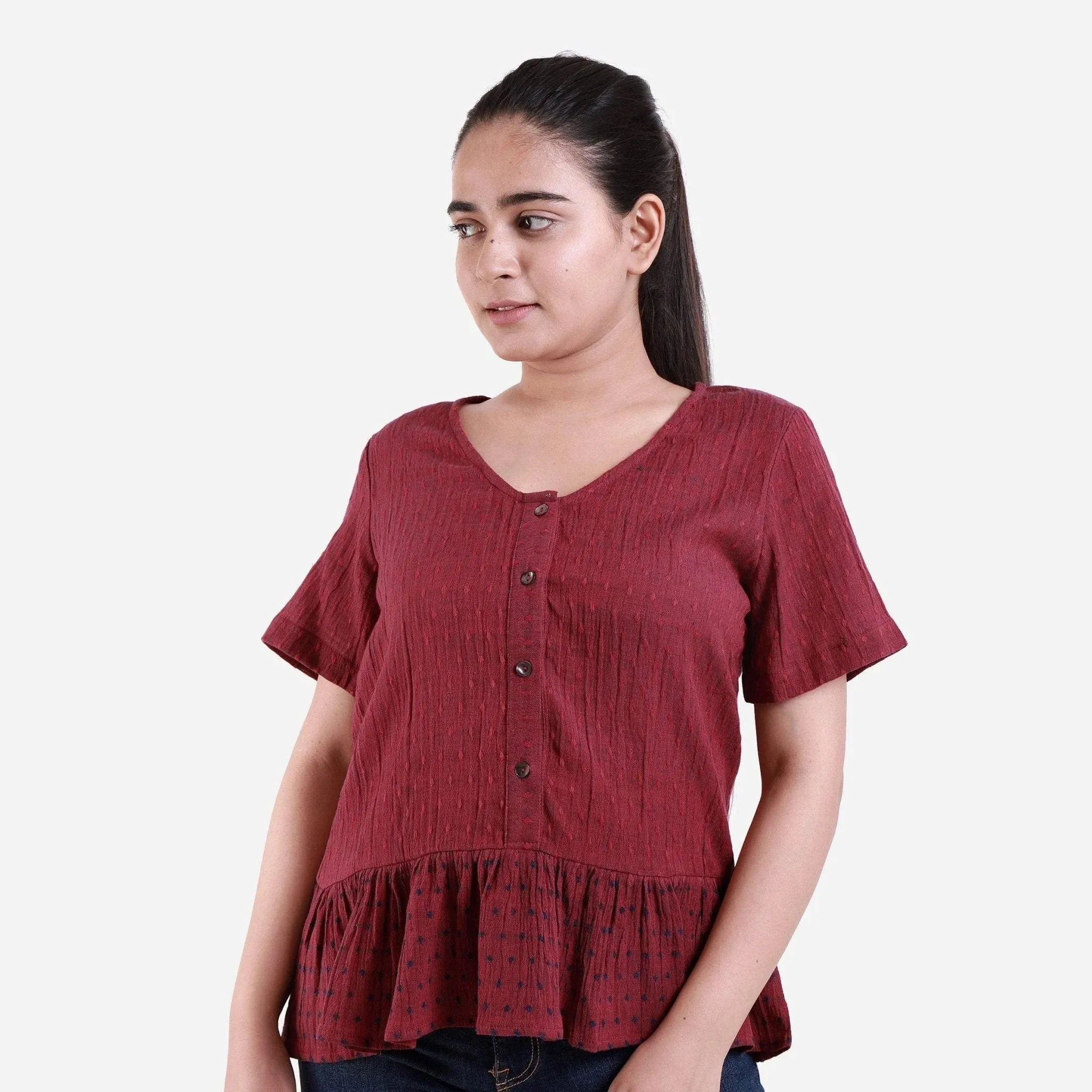 Crimson Crinkled Cotton Polka Dot Peplum Top