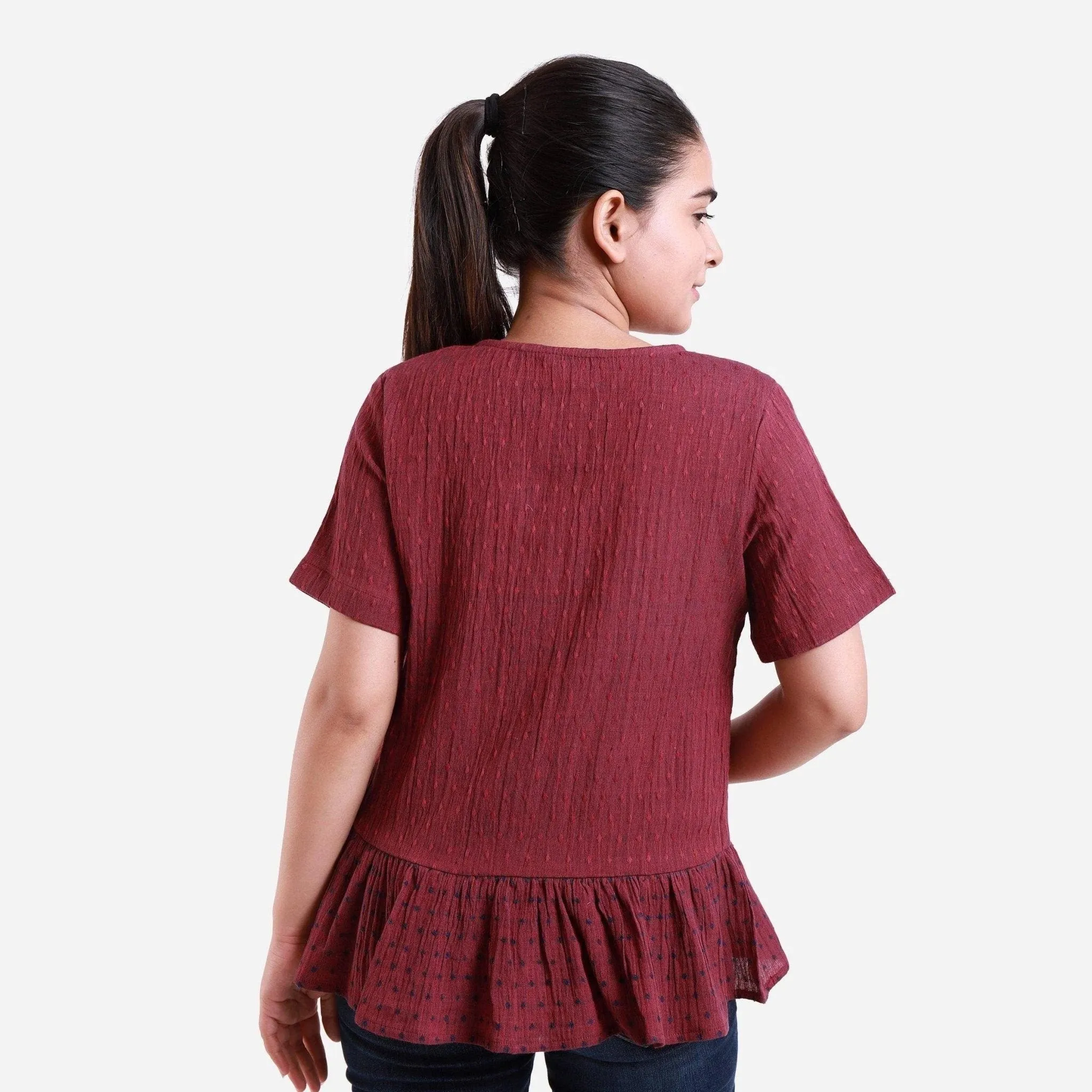 Crimson Crinkled Cotton Polka Dot Peplum Top