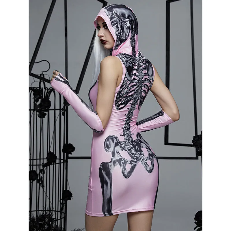 Dark Gothic Print Hooded Sleeveless Personality Dress Wholesale Dresses