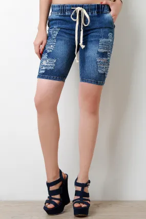 Distressed Denim Knee-Length Shorts