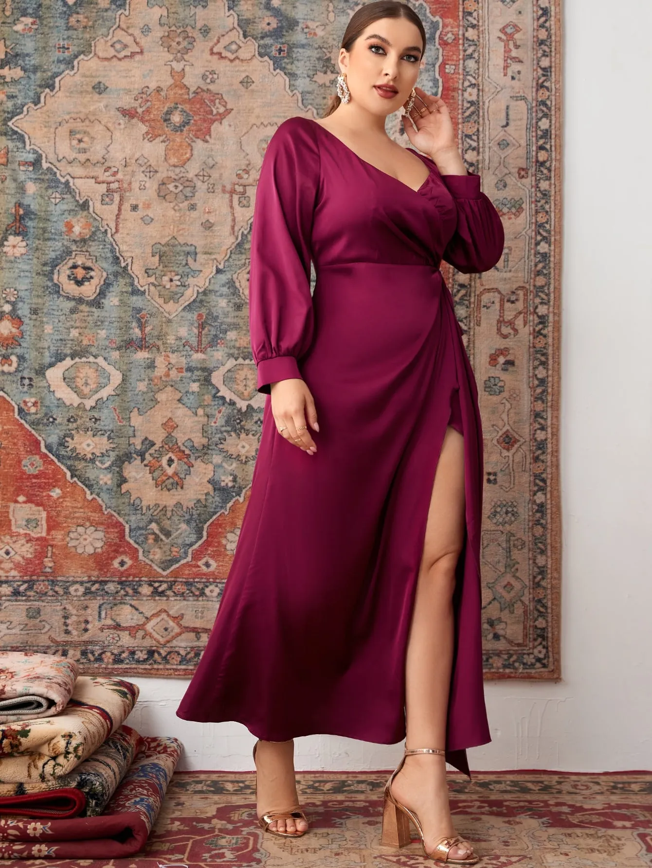 Elegant Plain Wrap Long Sleeve Sweetheart Wrap High Waist Maxi Plus Size Dress