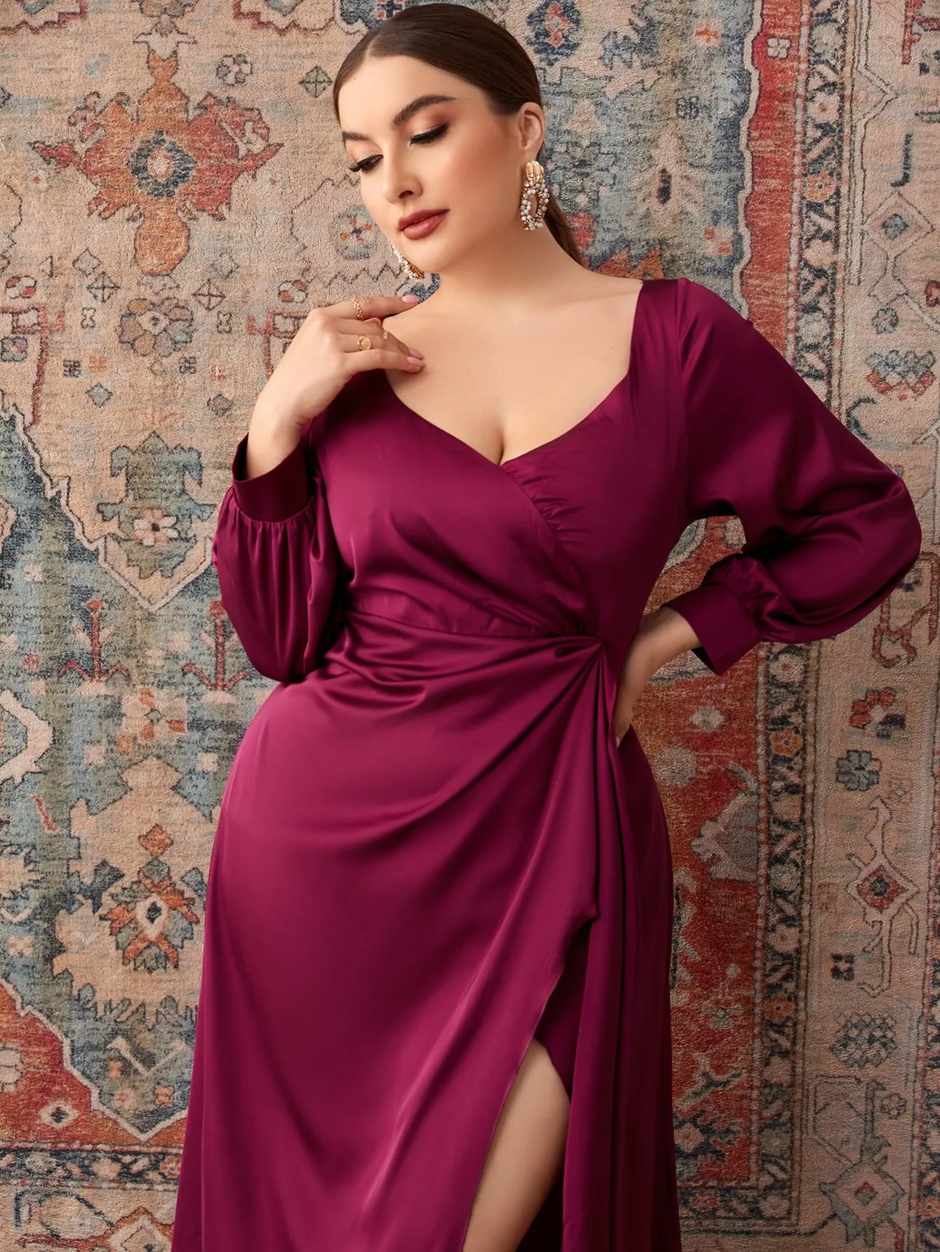 Elegant Plain Wrap Long Sleeve Sweetheart Wrap High Waist Maxi Plus Size Dress