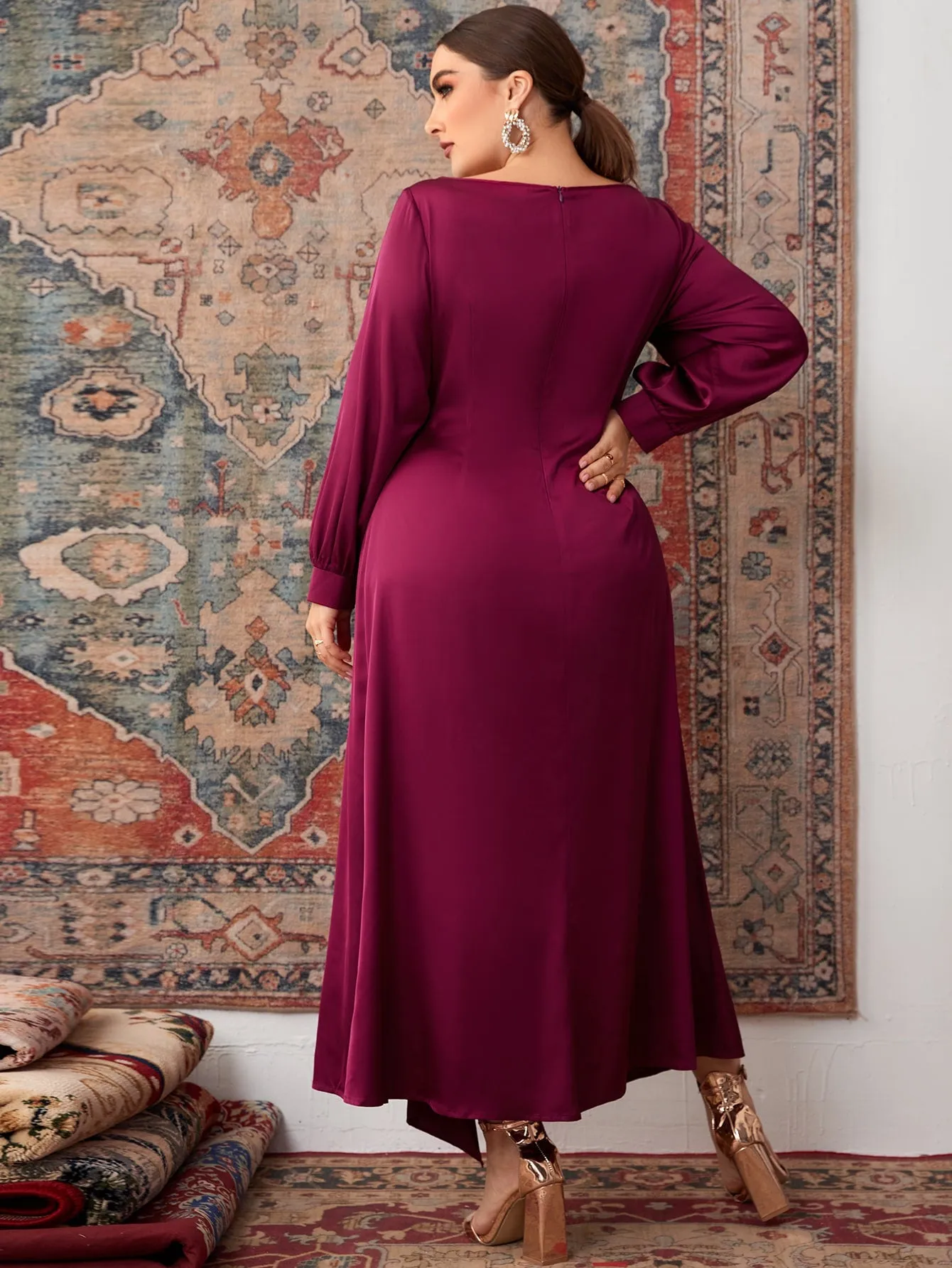 Elegant Plain Wrap Long Sleeve Sweetheart Wrap High Waist Maxi Plus Size Dress