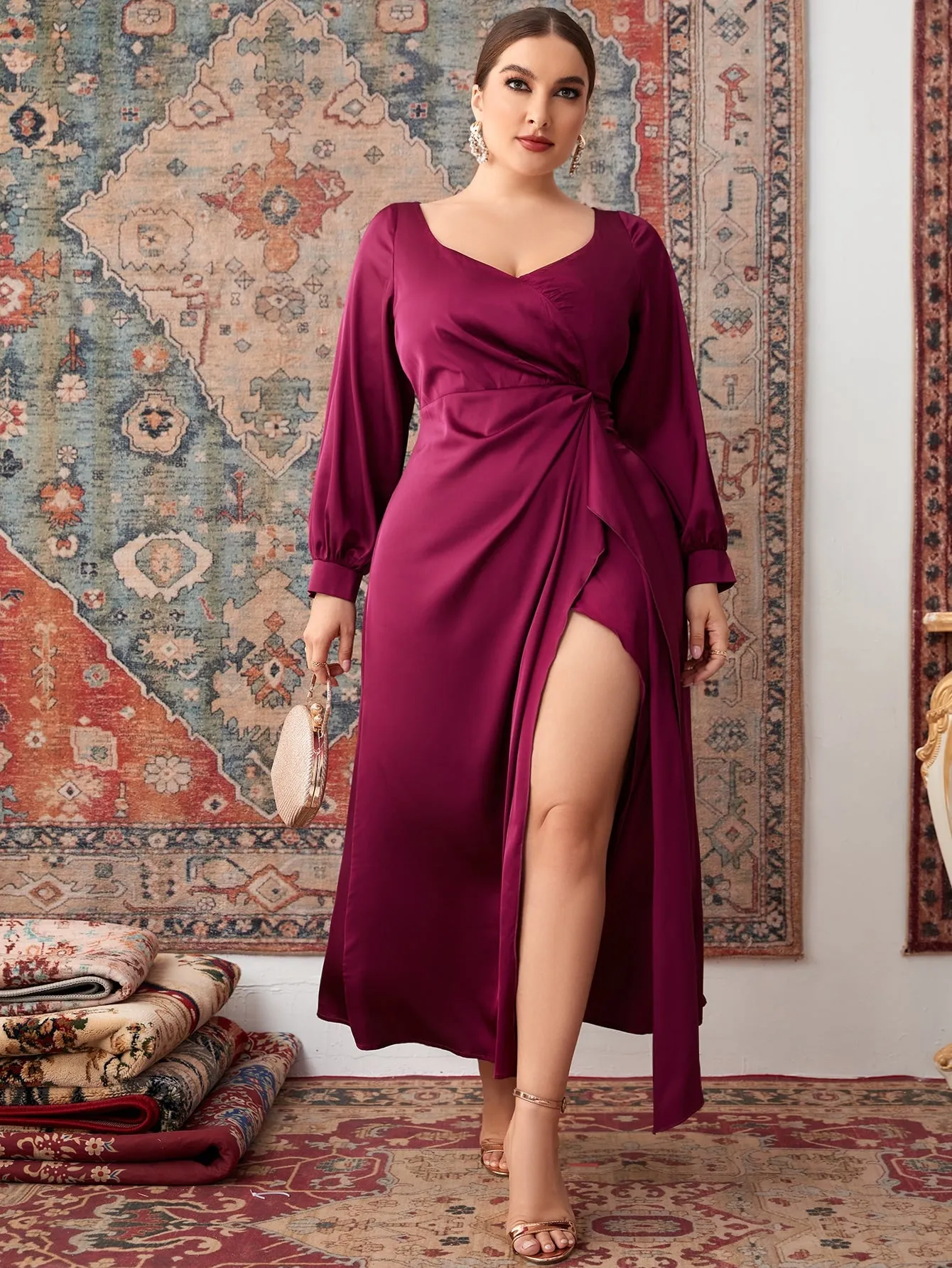 Elegant Plain Wrap Long Sleeve Sweetheart Wrap High Waist Maxi Plus Size Dress