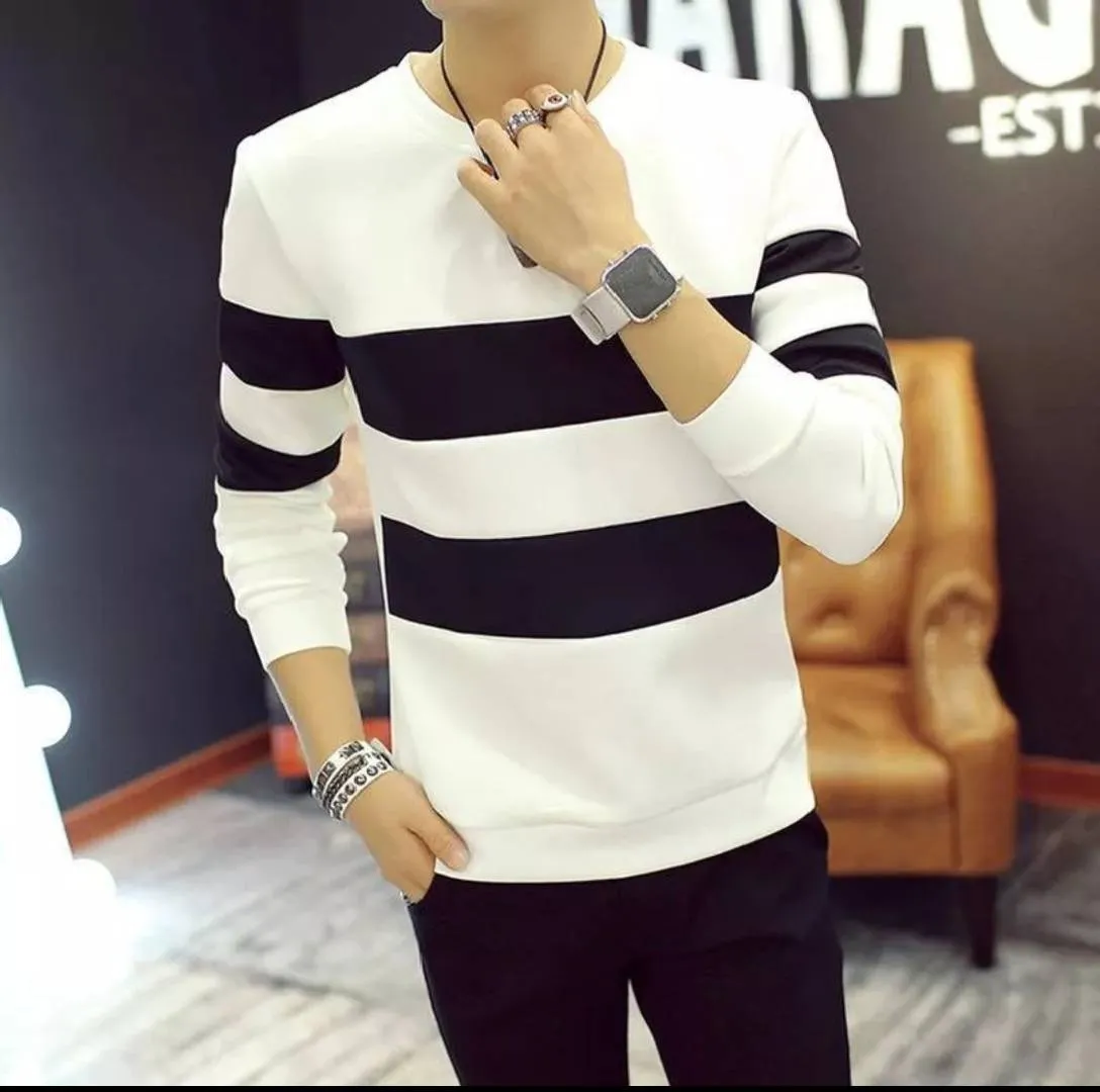 Elegant White Cotton Colourblocked Round Neck Tees For Men