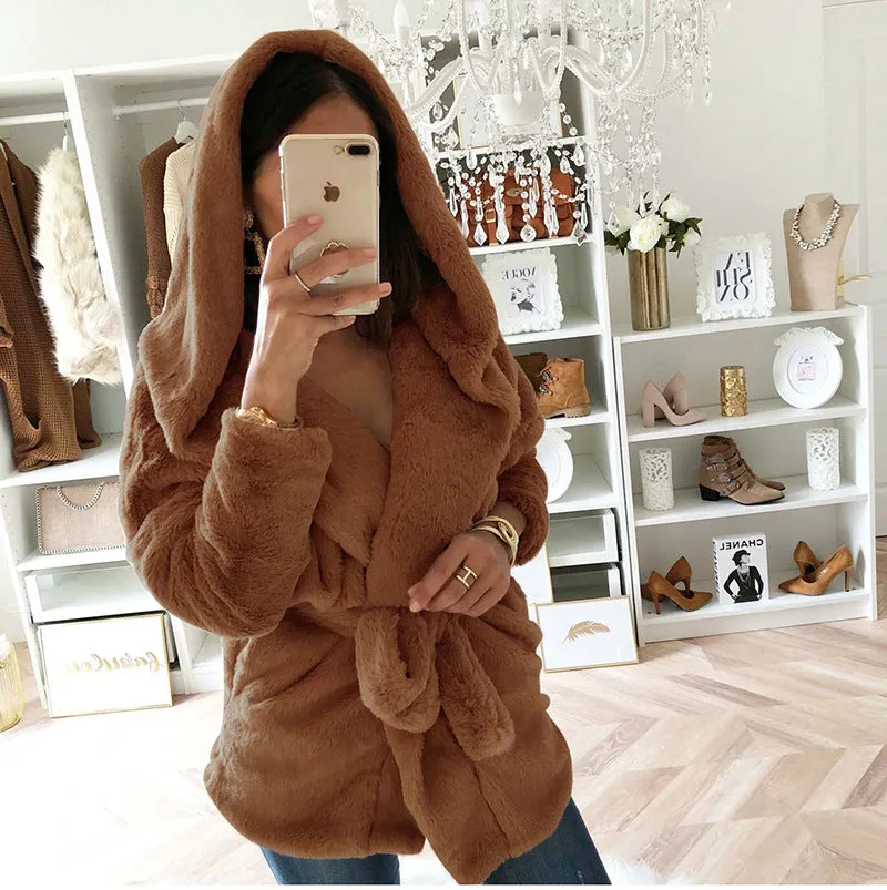 Fashion Bandage Hooded Lapel Plush Coat