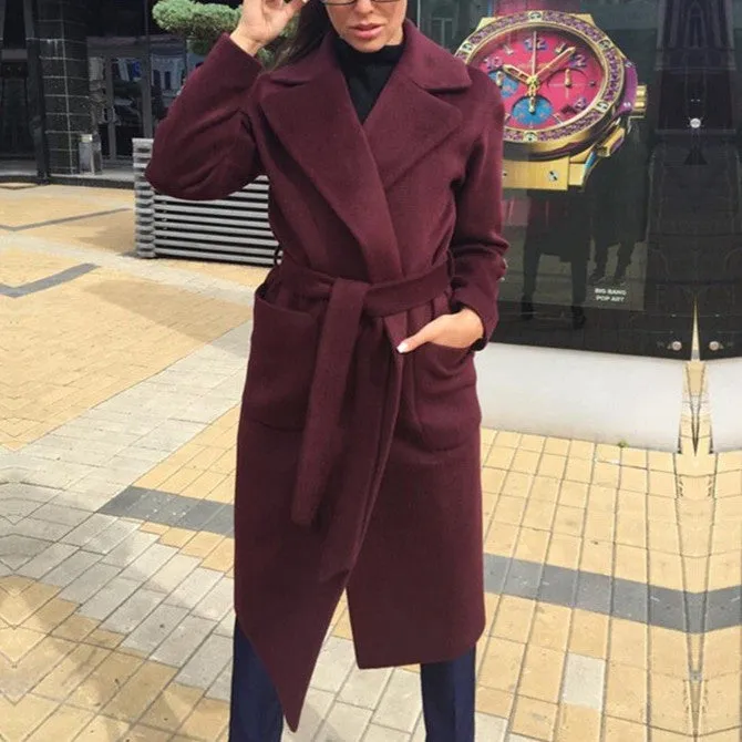 Fashion Lapel Bandage Pure Color Plush Coat