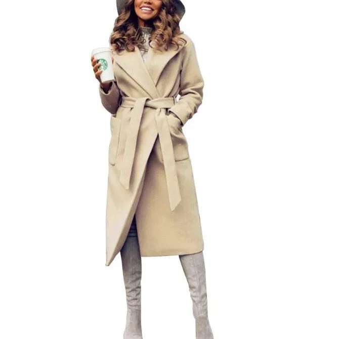 Fashion Lapel Bandage Pure Color Plush Coat