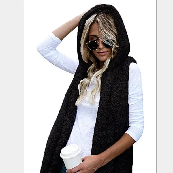 Fashion Pure Color Hooded Pocket Sleeveless Plush Coat