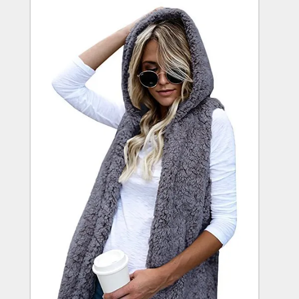 Fashion Pure Color Hooded Pocket Sleeveless Plush Coat