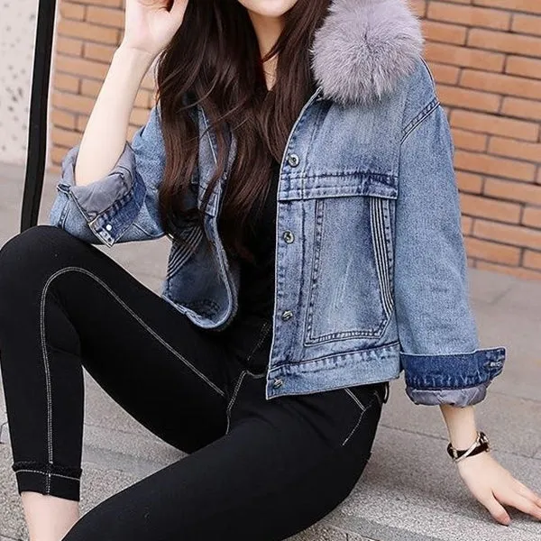 Furry Collar Thickened Plush Warm Denim Jacket