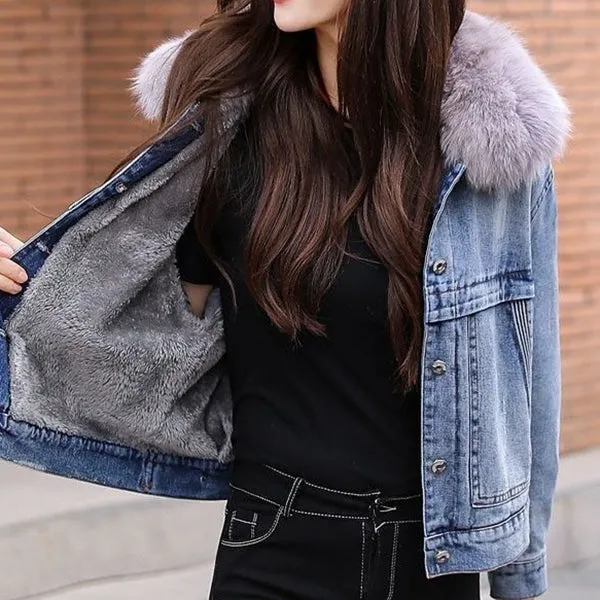 Furry Collar Thickened Plush Warm Denim Jacket