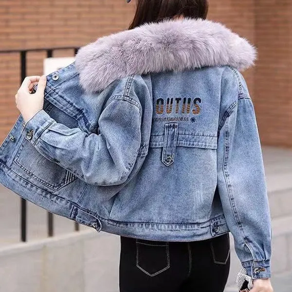 Furry Collar Thickened Plush Warm Denim Jacket