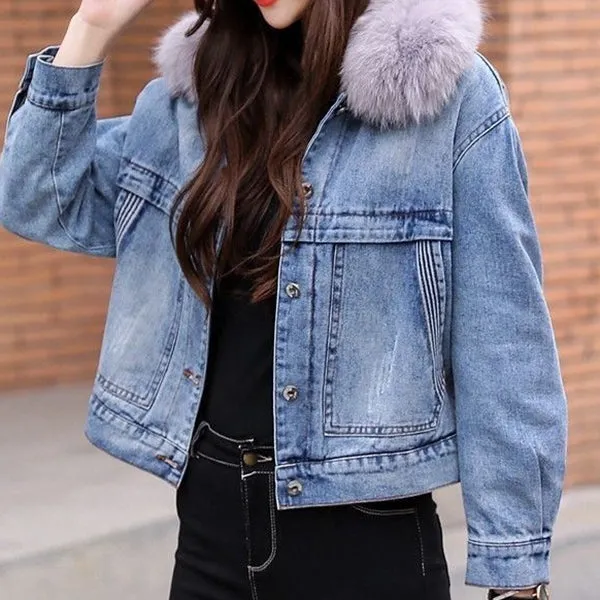 Furry Collar Thickened Plush Warm Denim Jacket