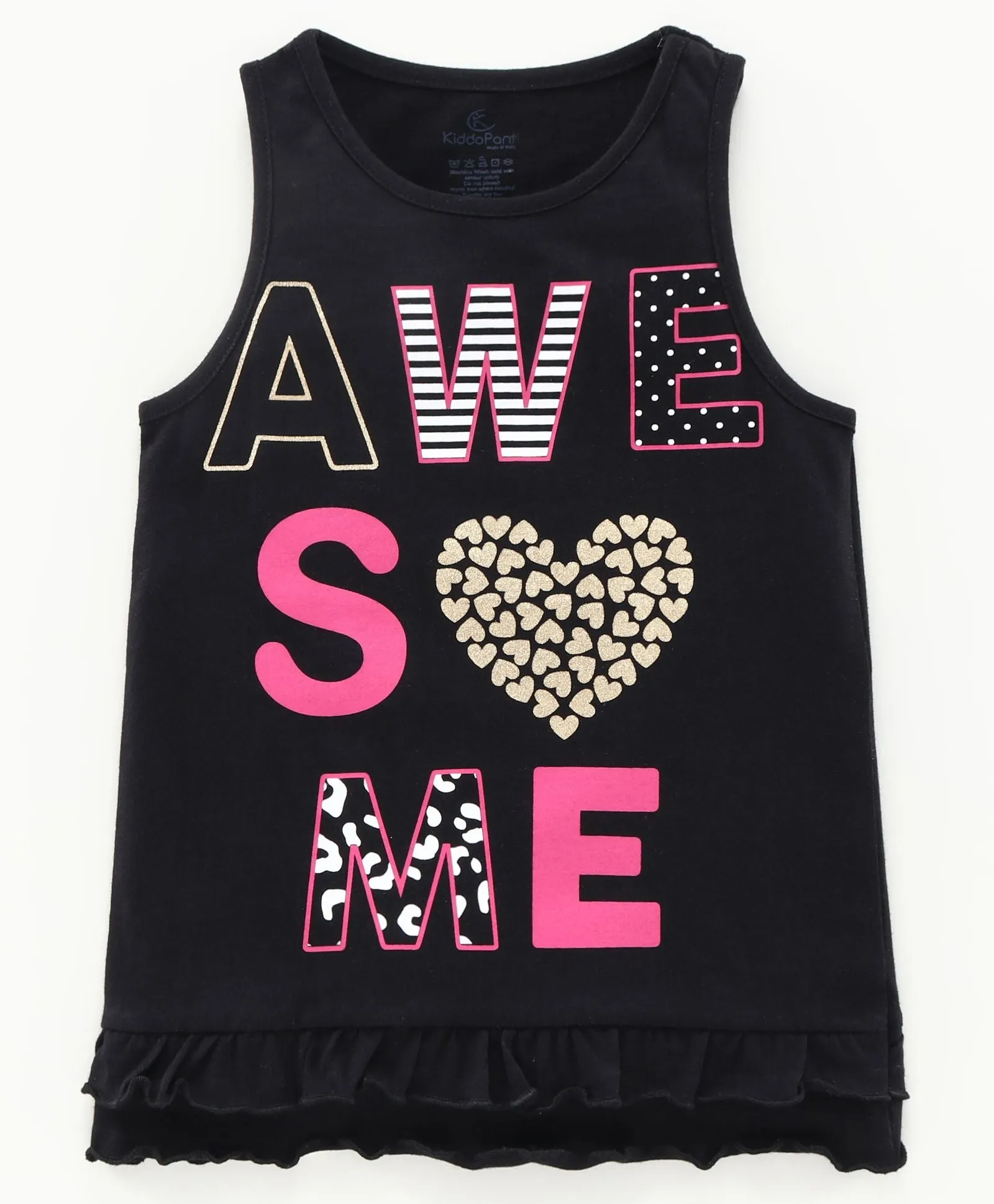 Girls Sleeveless tee with Print and frill hem