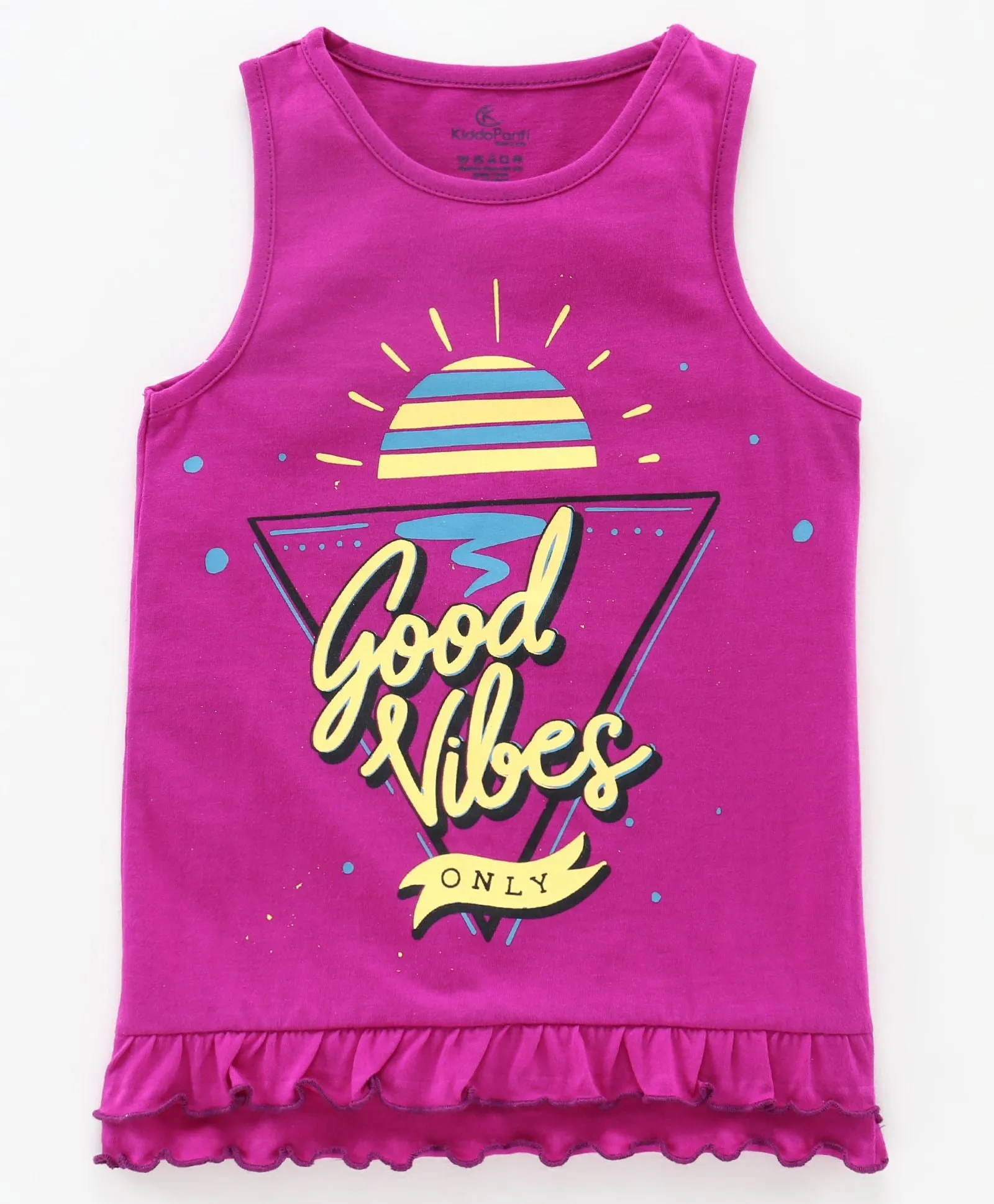 Girls Sleeveless tee with Print and frill hem