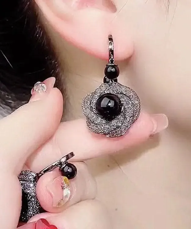 Handmade Black Crystal Tulle Drop Earrings LY9026