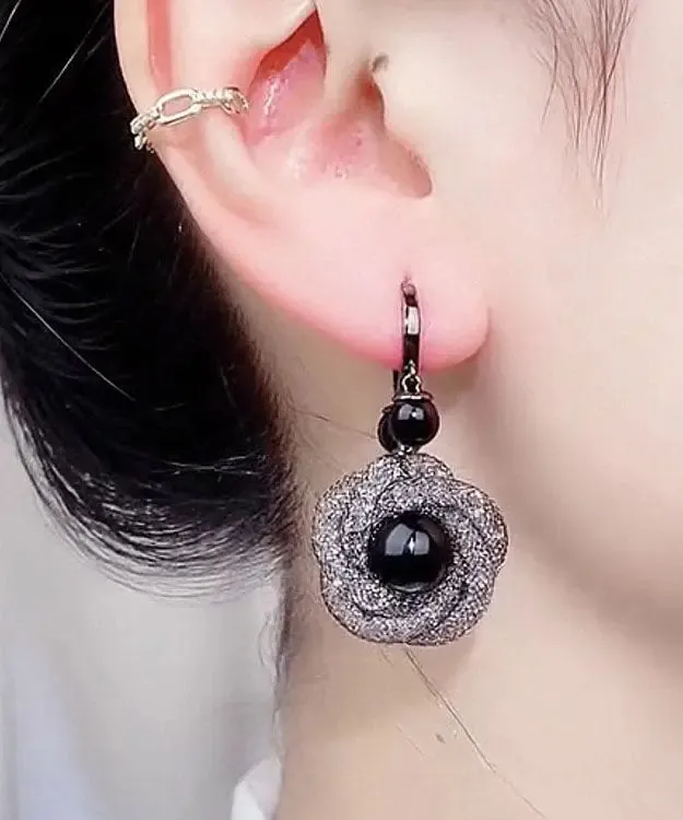 Handmade Black Crystal Tulle Drop Earrings LY9026