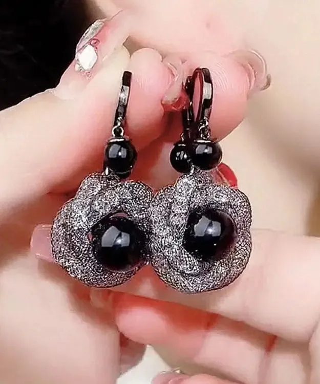 Handmade Black Crystal Tulle Drop Earrings LY9026