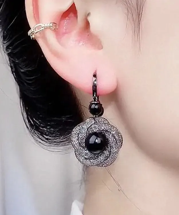 Handmade Black Crystal Tulle Drop Earrings LY9026