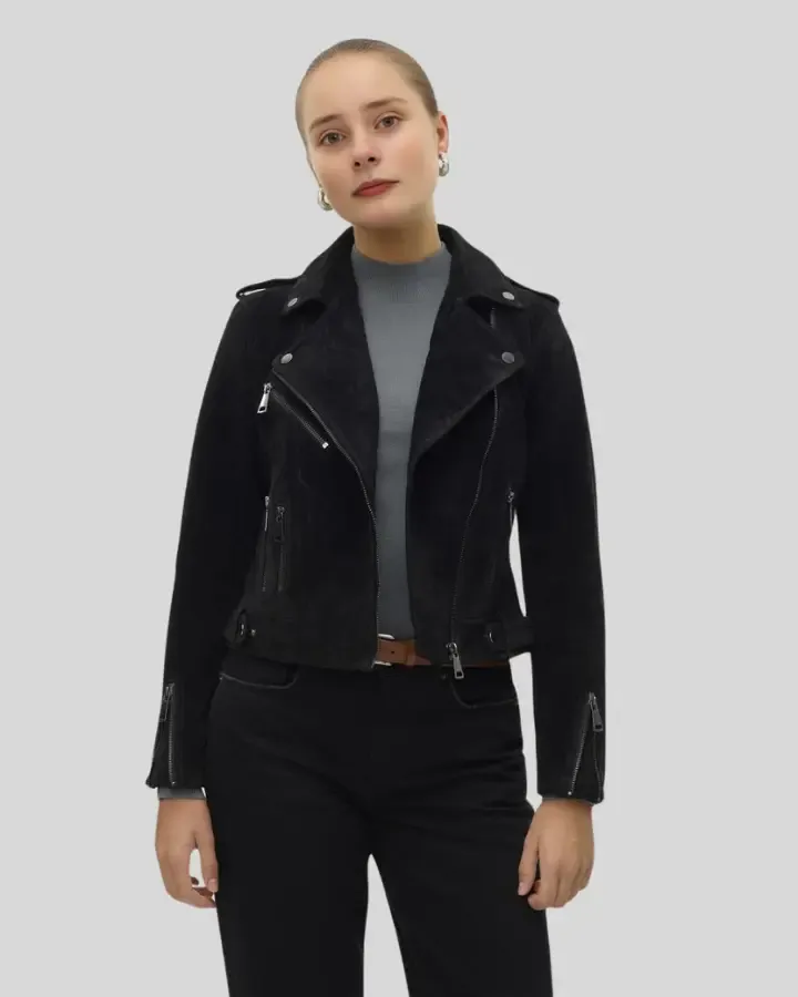 Juniper Black Suede Biker Leather Racer Jacket