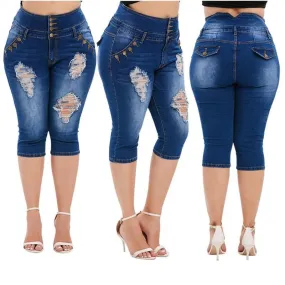 Knee Length Women's Ripped Denim Pants