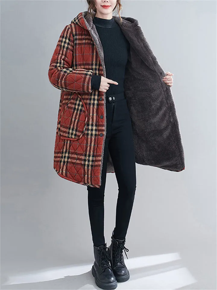 Ladies Fashion Plush Lined Plaid Coat with Hood