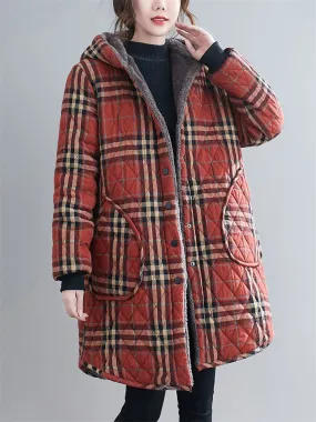 Ladies Fashion Plush Lined Plaid Coat with Hood