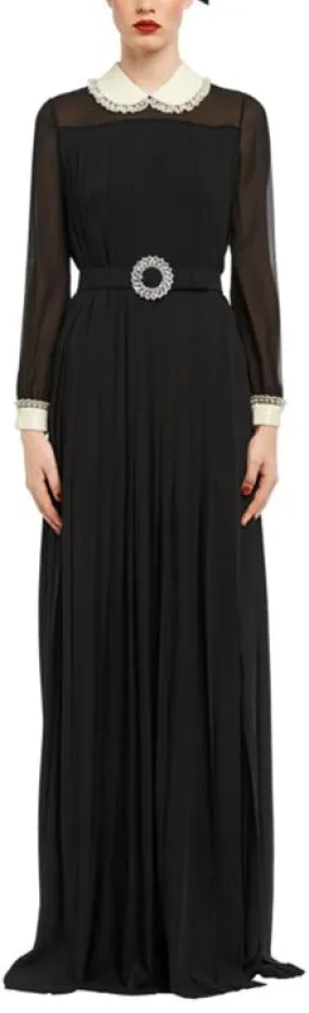 Long Pleated Gown with Embellished Collar and Wrap-Around Belt