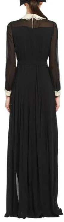 Long Pleated Gown with Embellished Collar and Wrap-Around Belt