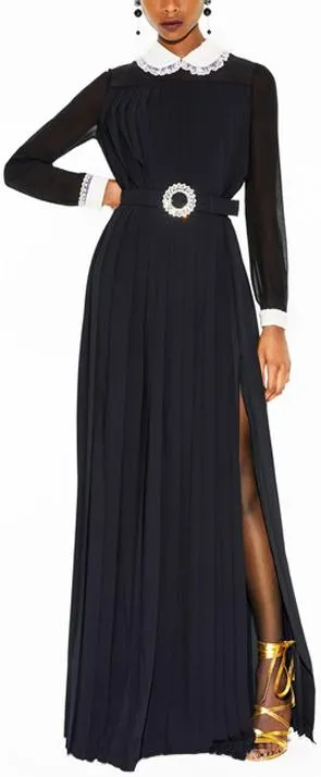 Long Pleated Gown with Embellished Collar and Wrap-Around Belt