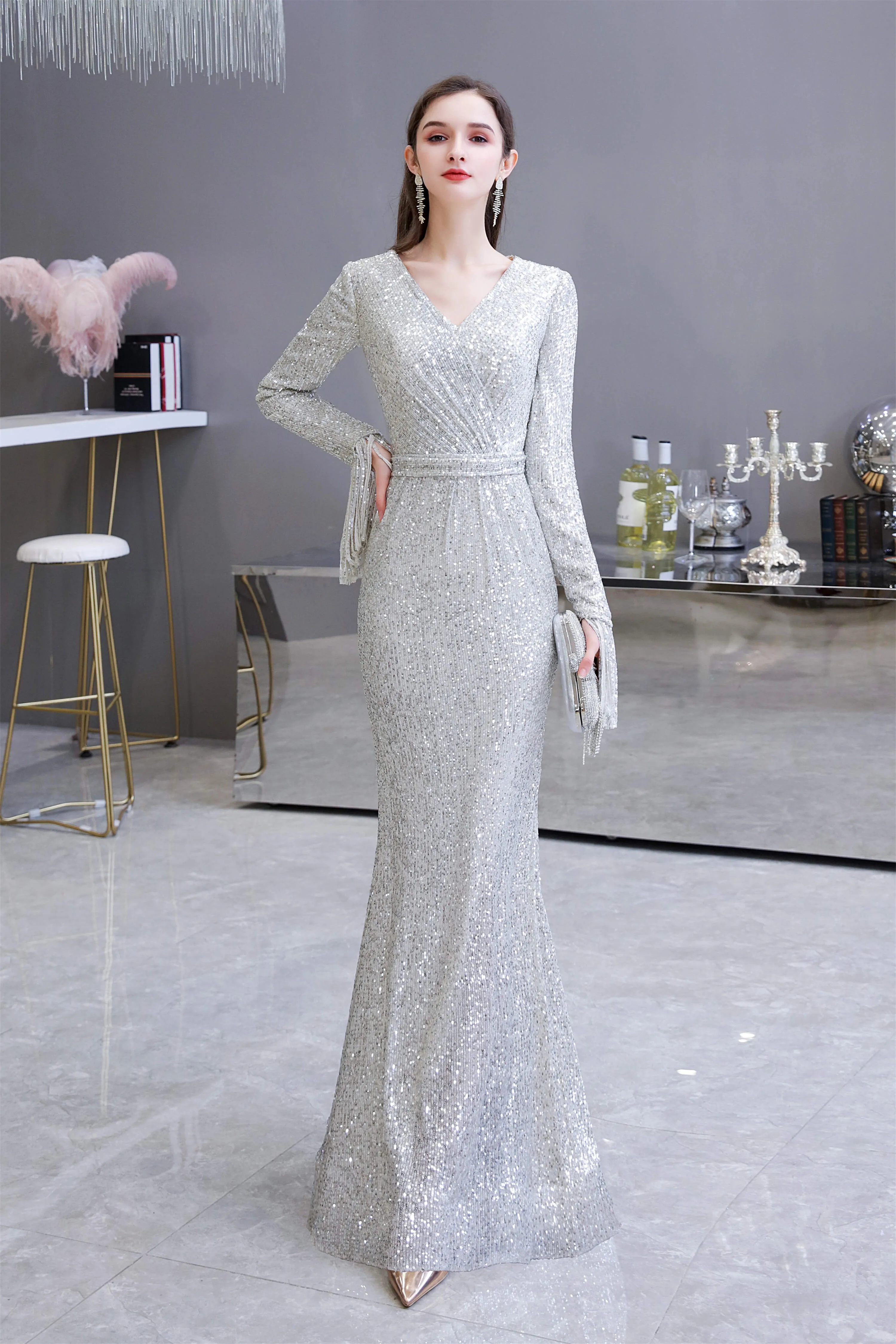 Long Sleeve V Neck Floor Length Crystal Beaded Sequins Mermaid Prom Dresses